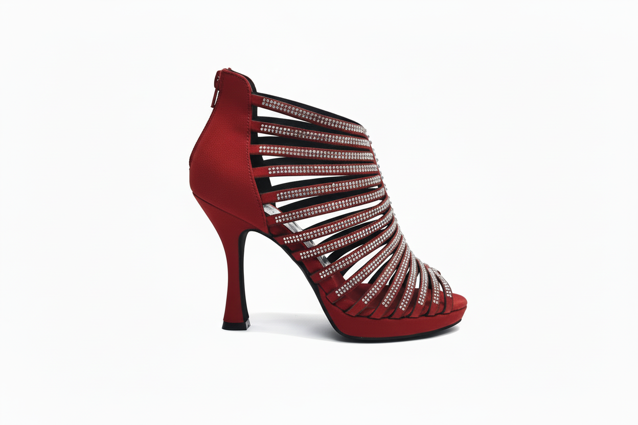 Sandalo donna ELSY Plus Wish Dance Shop in camoscio rosso con Swarovski, plateau e tacco basso a spillo largo.
