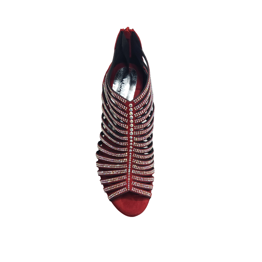 Sandalo a tronchetto donna ELSY Plus in camoscio rosso con Swarovski Boreali, plateau e tacco basso a spillo largo.