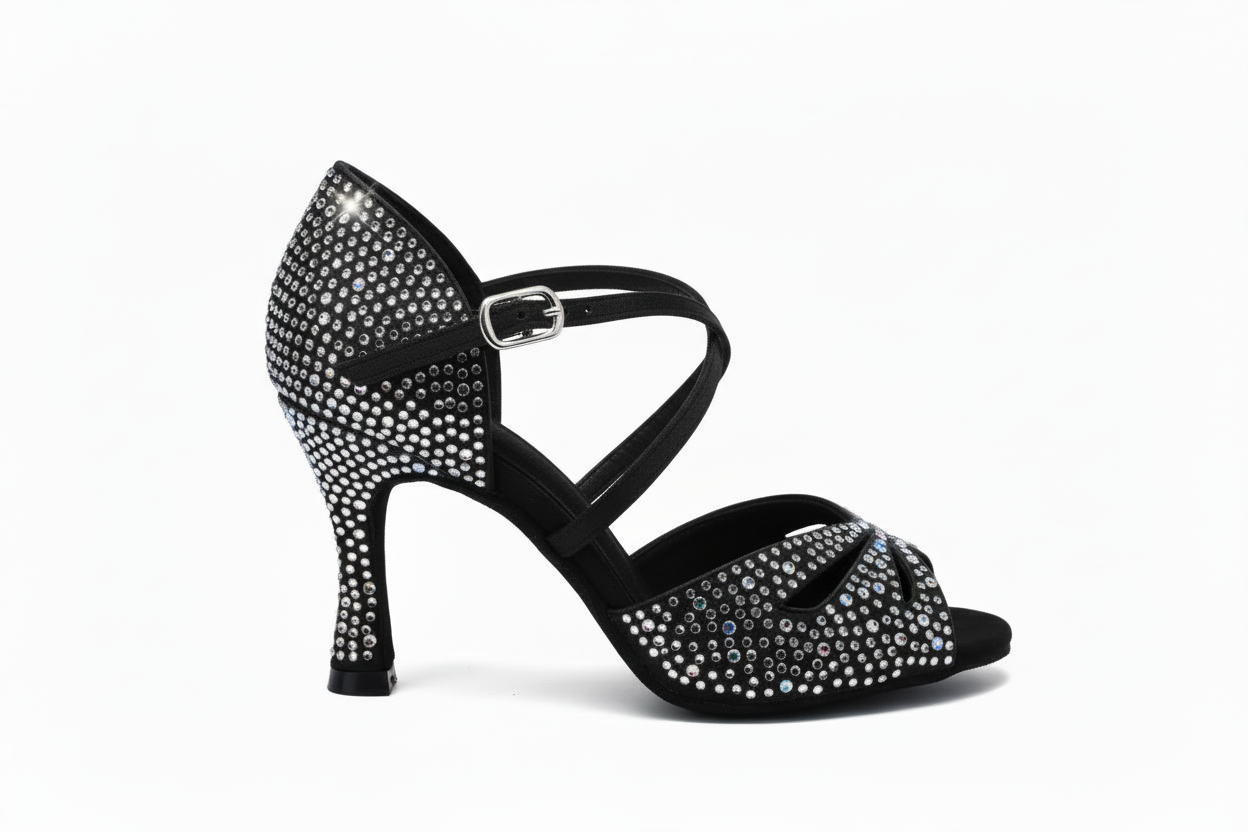 Scarpa da donna Flavia Dreams Deluxe Wish Dance Shop in raso nero con strass boreali e tacco a rocchetto, elegante e raffinata