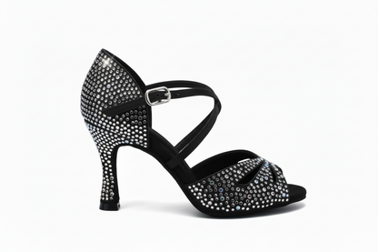 Scarpa da donna Flavia Dreams Deluxe Wish Dance Shop in raso nero con strass boreali e tacco a rocchetto, elegante e raffinata
