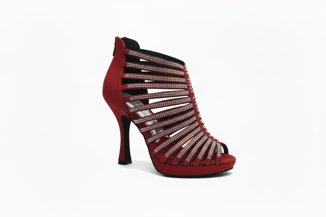 Sandali a tronchetto donna Wish Dance Shop ELSY Plus in camoscio rosso con Swarovski, plateau flex e tacco basso a spillo largo