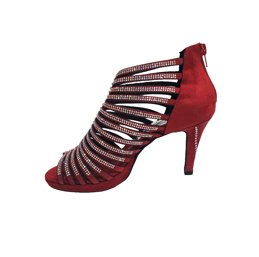 Sandalo a tronchetto da donna ElsY Plus in morbido camoscio rosso con Swarovski Boreali, plateau flex e tacco basso a spillo largo.
