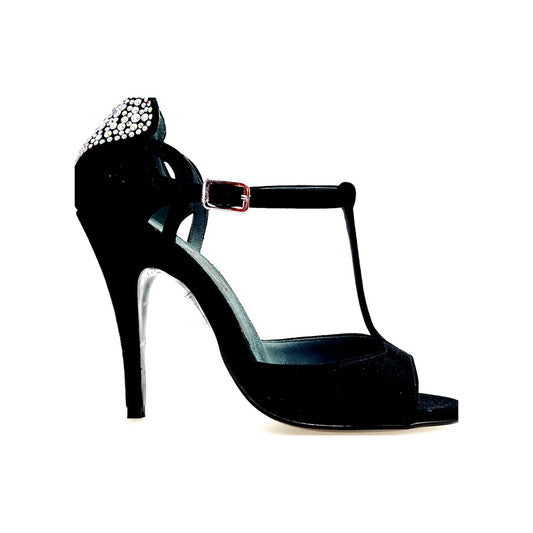 Sandalo da donna Wish Dance in camoscio nero con cuore Swarovski Boreali, tacco alto a spillo, elegante e alla moda.