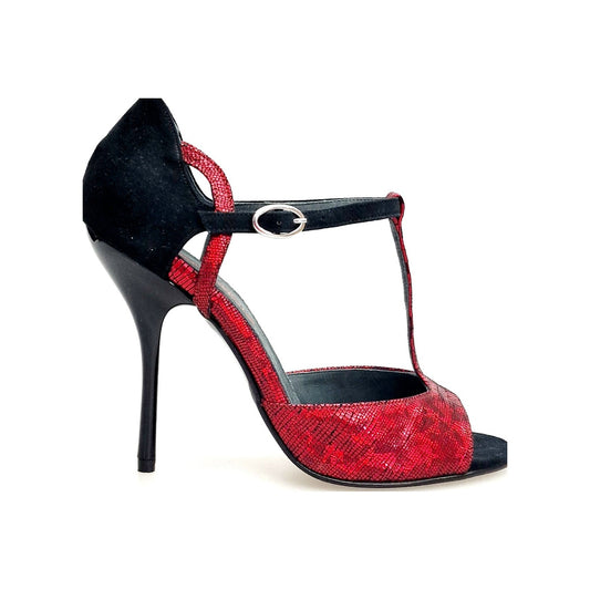 Sandalo donna Wish Dance in camoscio nero e rosso Galleria, tacco alto sottile e dettagli smaltati nero.