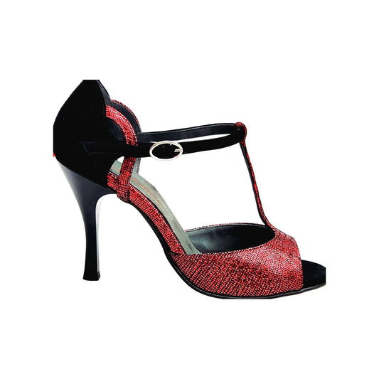 Sandalo da donna Wish Dance in camoscio nero e rosso Galleria, con tacco alto sottile e dettaglio rocchetto smaltato nero