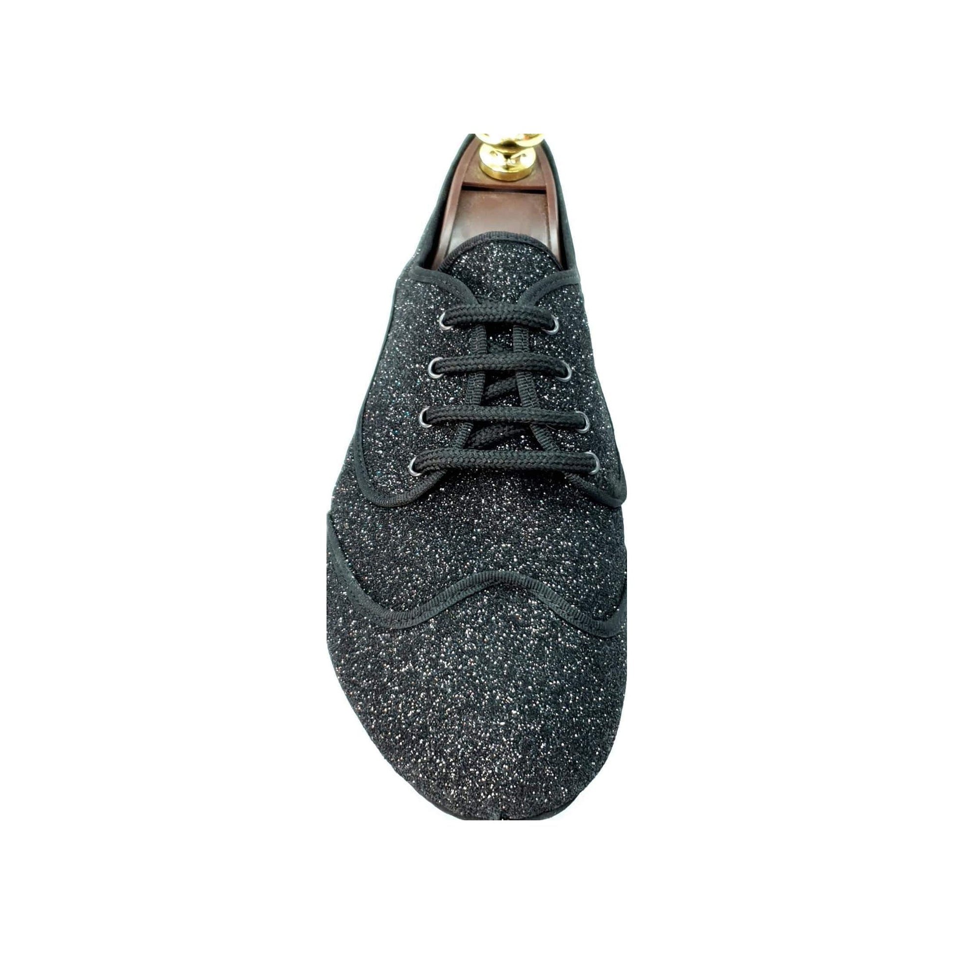 Scarpa jazz Billie New York Jazz Plus in glitter nero con profilo nero, scarpe da ballo eleganti e brillanti.
