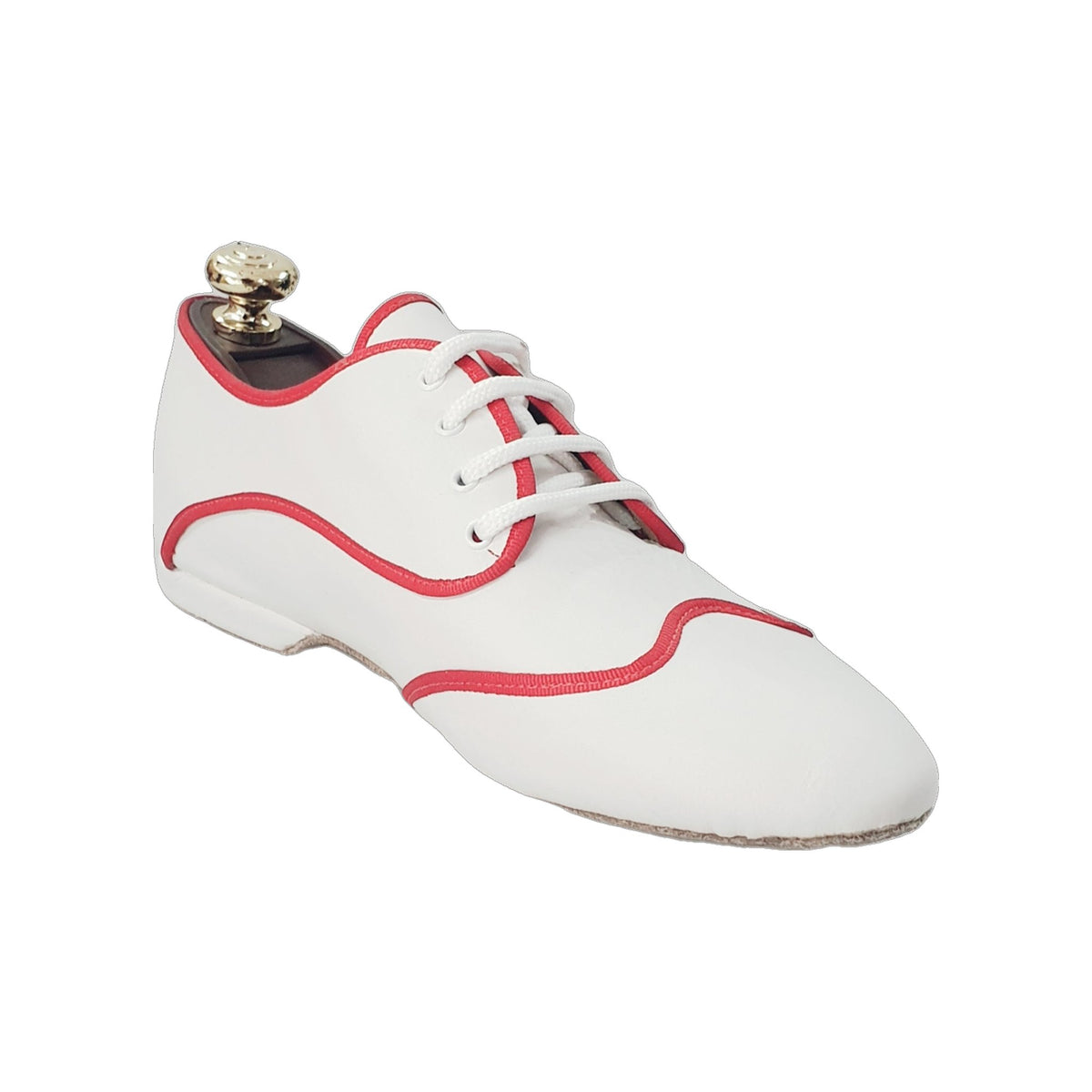 Scarpa jazz Billie Caribe in pelle bianca con profilo rosso, ideale per ballo e danza, vista frontale.