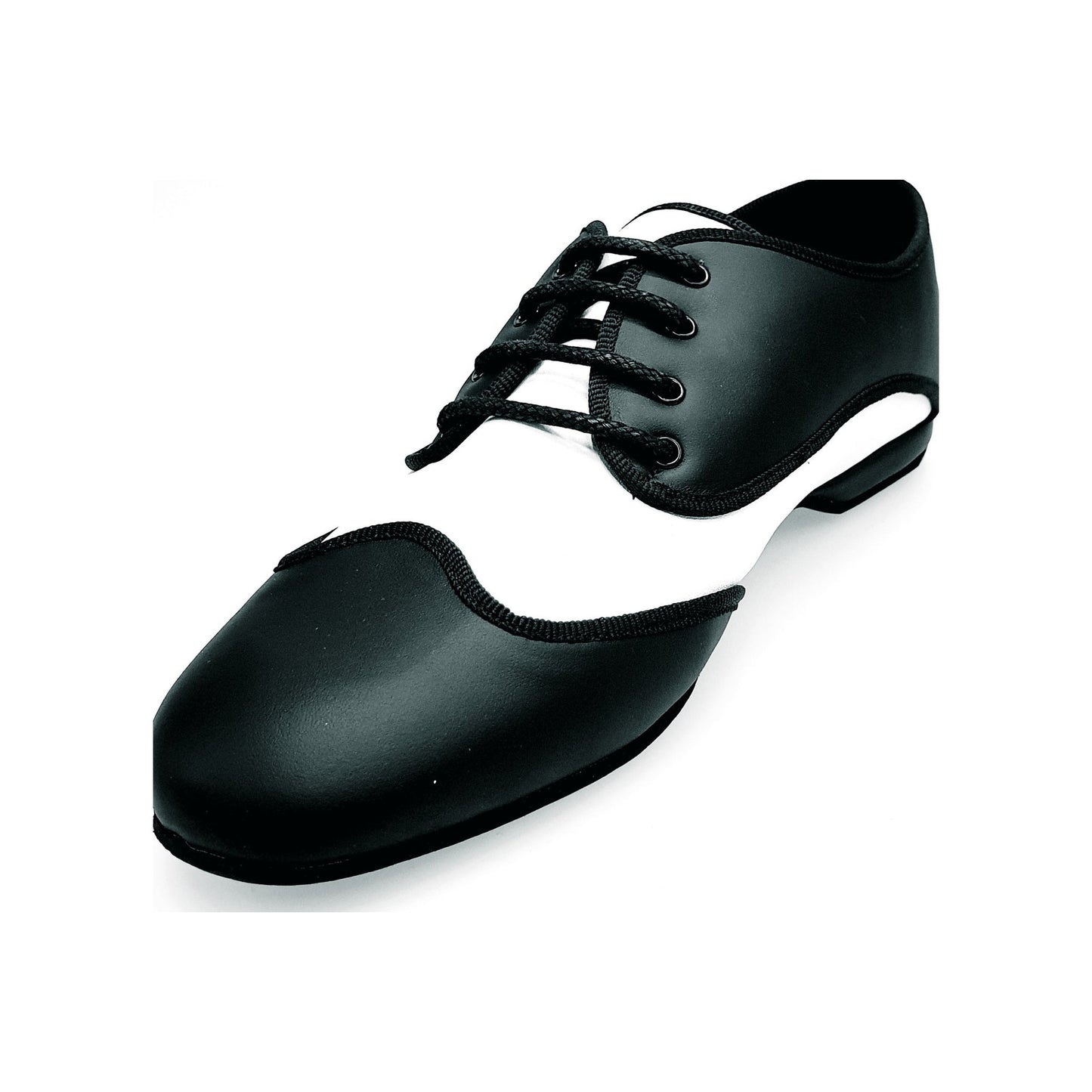 Scarpa jazz Billie LosAngeles in punta e sottolacci di pelle nera e bianca, con profilo cro nero, vista frontale.