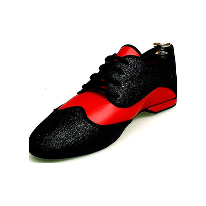 Scarpa jazz Billie Diablo Wish Dance Shop con avanti, sottolacci glitter nero e pelle rossa, dettaglio elegante e brillante
