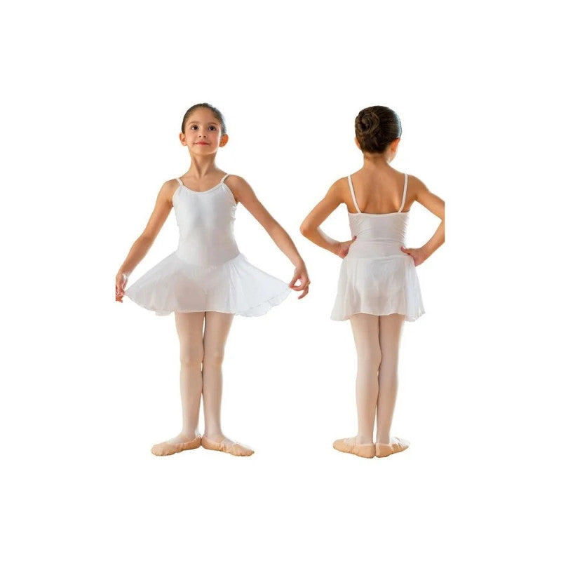 Body danza classica bambina Aurora RD con gonnellino in chiffon, cotone elasticizzato e microfibra foderata sul petto.