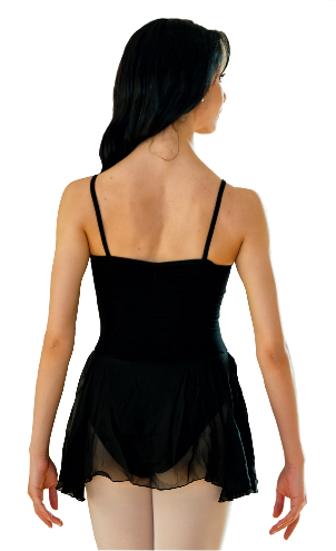 Body danza classica DAFNE (RD) da donna in cotone bielastico, con gonnellino in chiffon e pettorina antisudore, colore nero.