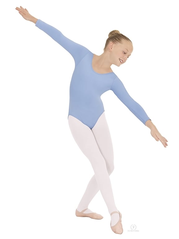 Body danza classica per bambina Wish Dance Shop, manica lunga, cotone Lycra, pettorina antisudore, colore celeste.