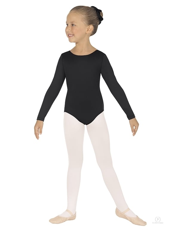 Body danza classica per bambina Wish Dance Shop, manica lunga in cotone lycra con pettorina antisudore, colore nero.