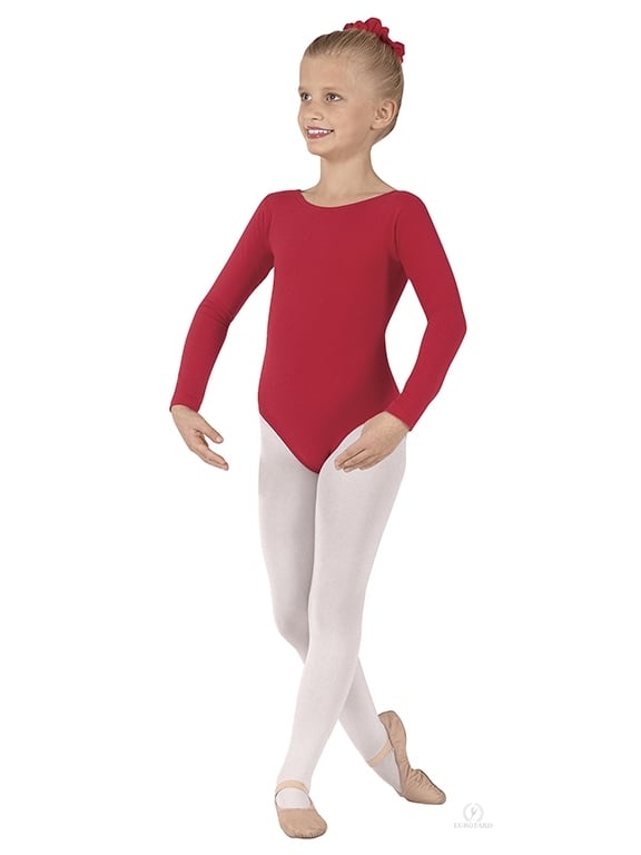 Body Danza Classica Bambina Wish Dance Shop, body a manica lunga in cotone Lycra con pettorina antisudore, colore rosso.