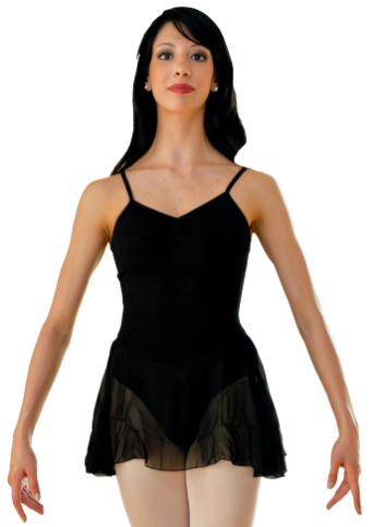 Body danza classica donna Dafne RD in cotone elastico con pettorina antisudore e gonnellino chiffon precucito in vita.