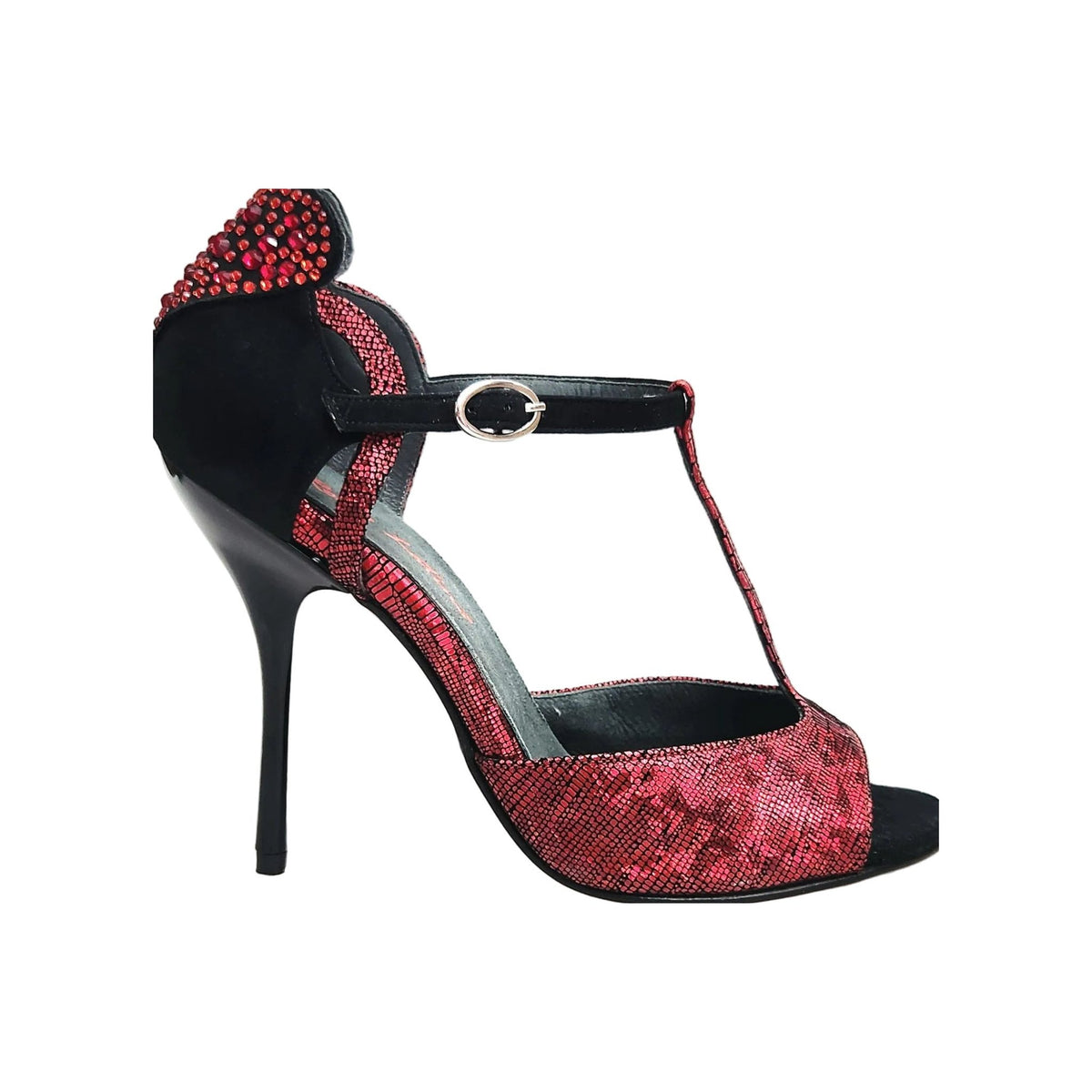 Sandalo donna Wish Dance in camoscio nero con cuore Swarovski rosso, tacco a spillo e dettagli smaltati rossi.