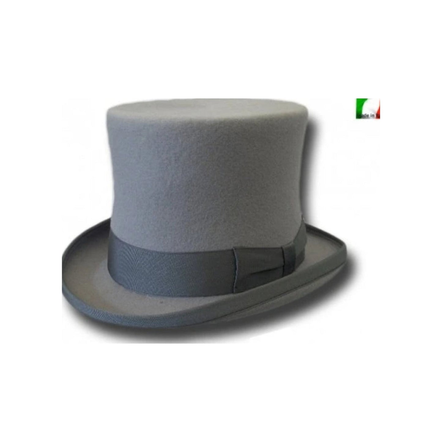 Cappello a cilindro in feltro di pura lana Merinos grigia con fascia in pelle rivestita in raso, marca Wish Dance Shop.