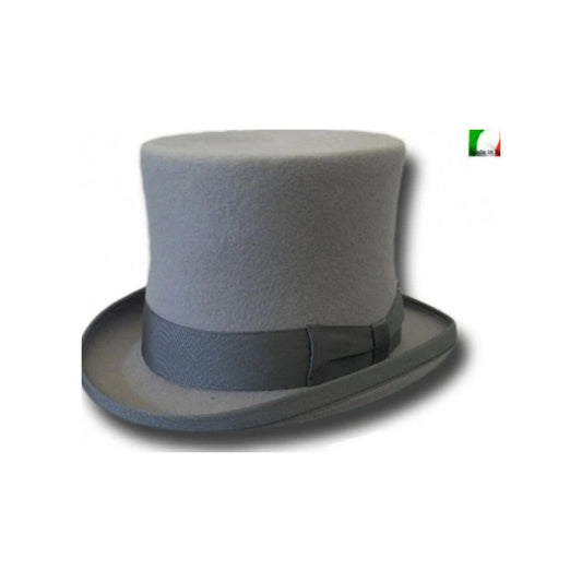 Cappello a cilindro in feltro di pura lana Merinos grigia con fascia in pelle rivestita in raso, marca Wish Dance Shop.