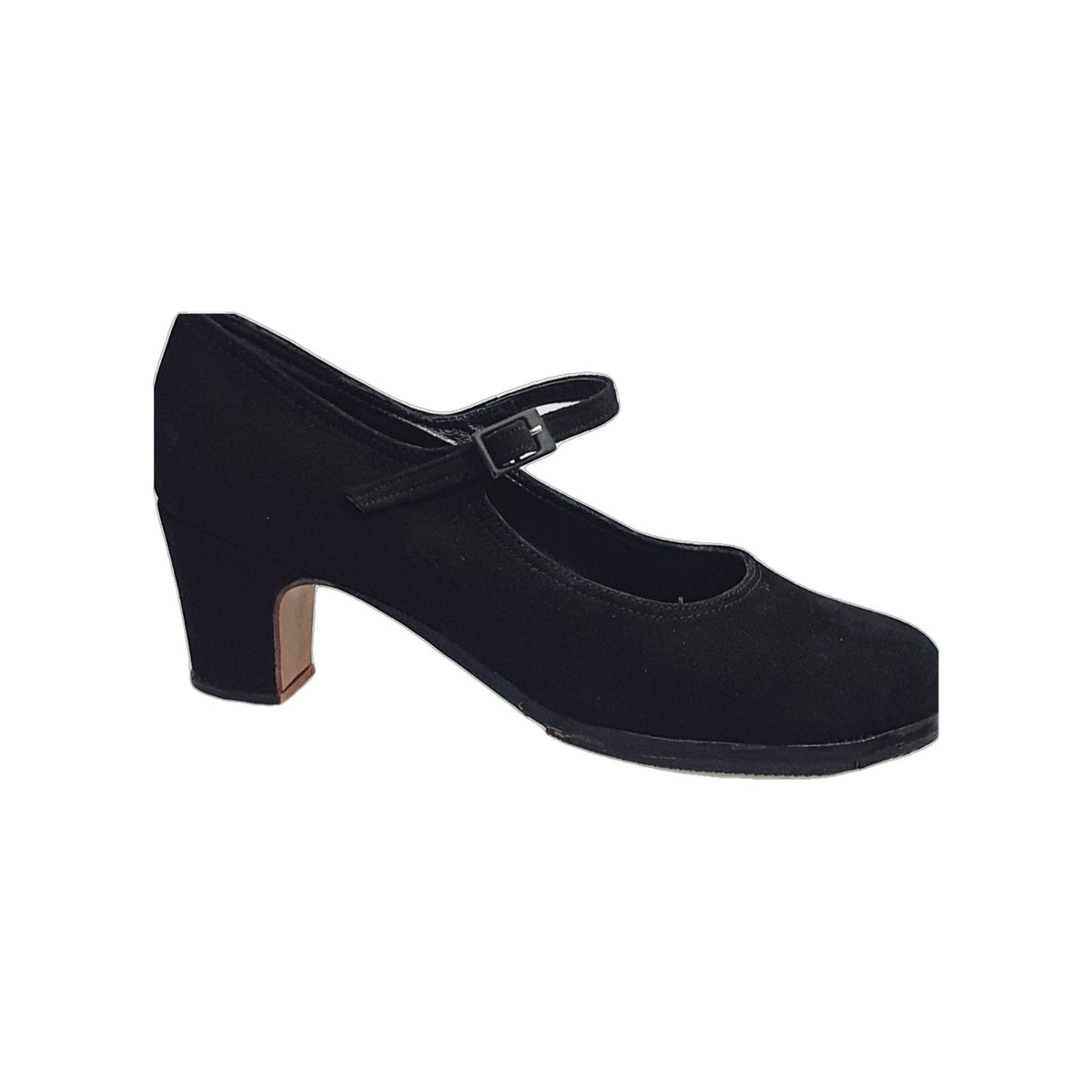 Scarpa da flamenco Carmen in camoscio nero con chiodi ribattuti a mano, stile elegante e tradizionale.