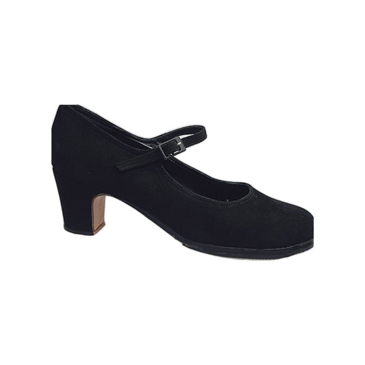 Scarpa da flamenco Carmen in camoscio nero con chiodi ribattuti a mano, stile elegante e tradizionale.