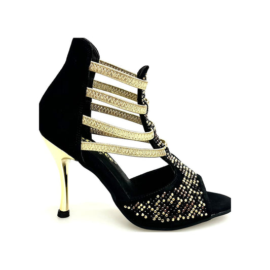 Sandalo da Donna in Camoscio Nero Elastici Oro Carola Leopard Gold Wish Dance, vista laterale