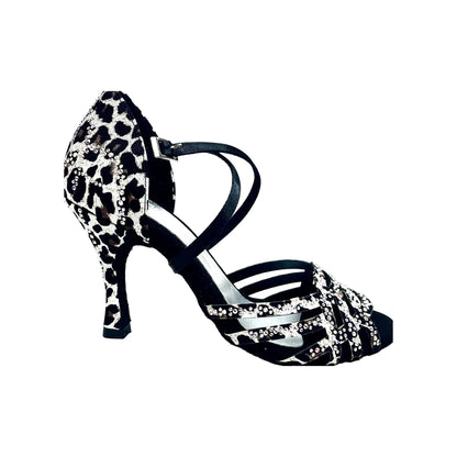 Scarpa da donna Carolin QC Wish Dance Shop in raso seta leopardato bianco con Swarovski Boreali e tacco a rocchetto alto