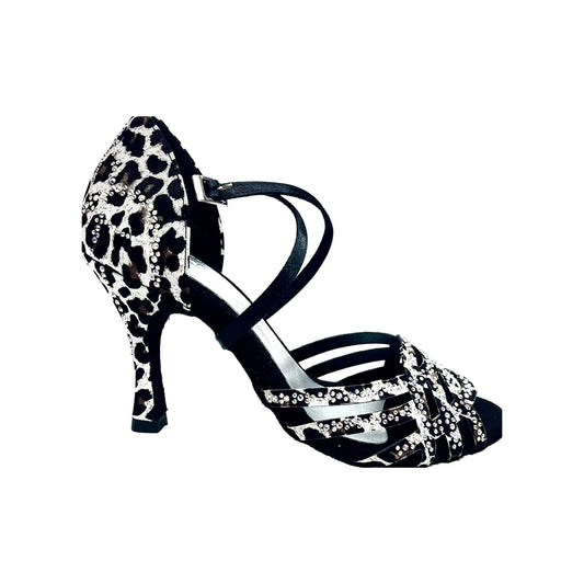 Scarpa da donna Carolin QC Wish Dance Shop in raso seta leopardato bianco con Swarovski Boreali e tacco a rocchetto alto