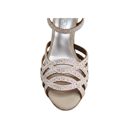 Scarpa Da Donna in Raso Seta Cipria Rosé Con Swarovski Boreali e Tacco a Rocchetto Slim/Latino Basso, dettaglio tacco