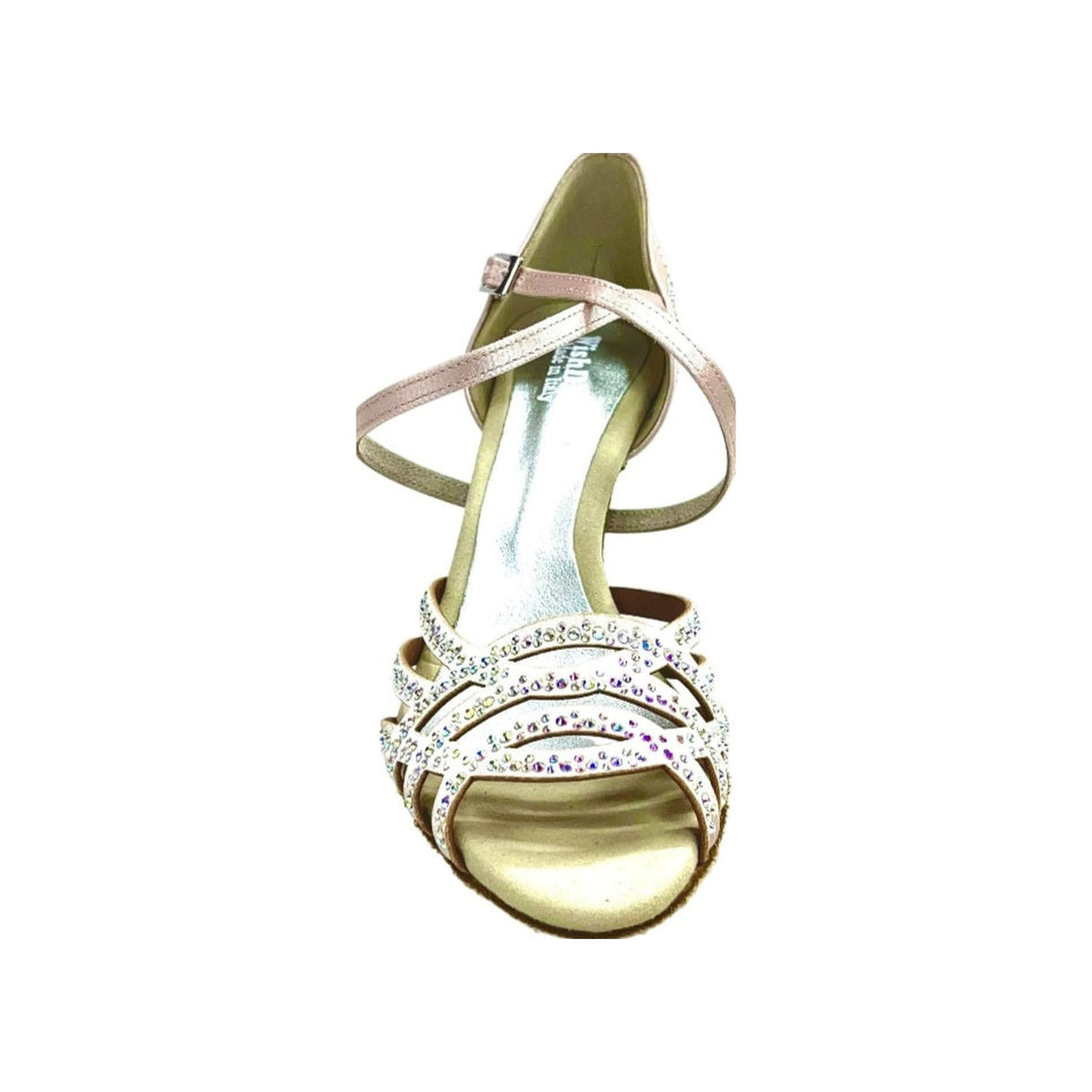 Scarpa da donna Carolin QC (Marea L14) in raso seta cipria rosé con Swarovski boreali e tacco a rocchetto.