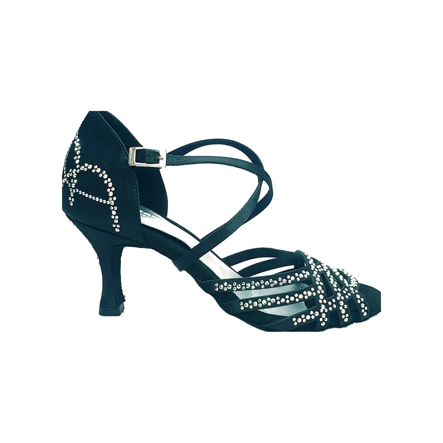 Scarpa da donna Carolin QC Marea L14 in raso seta nero corvino con Swarovski Boreali e tacco a rocchetto slim basso