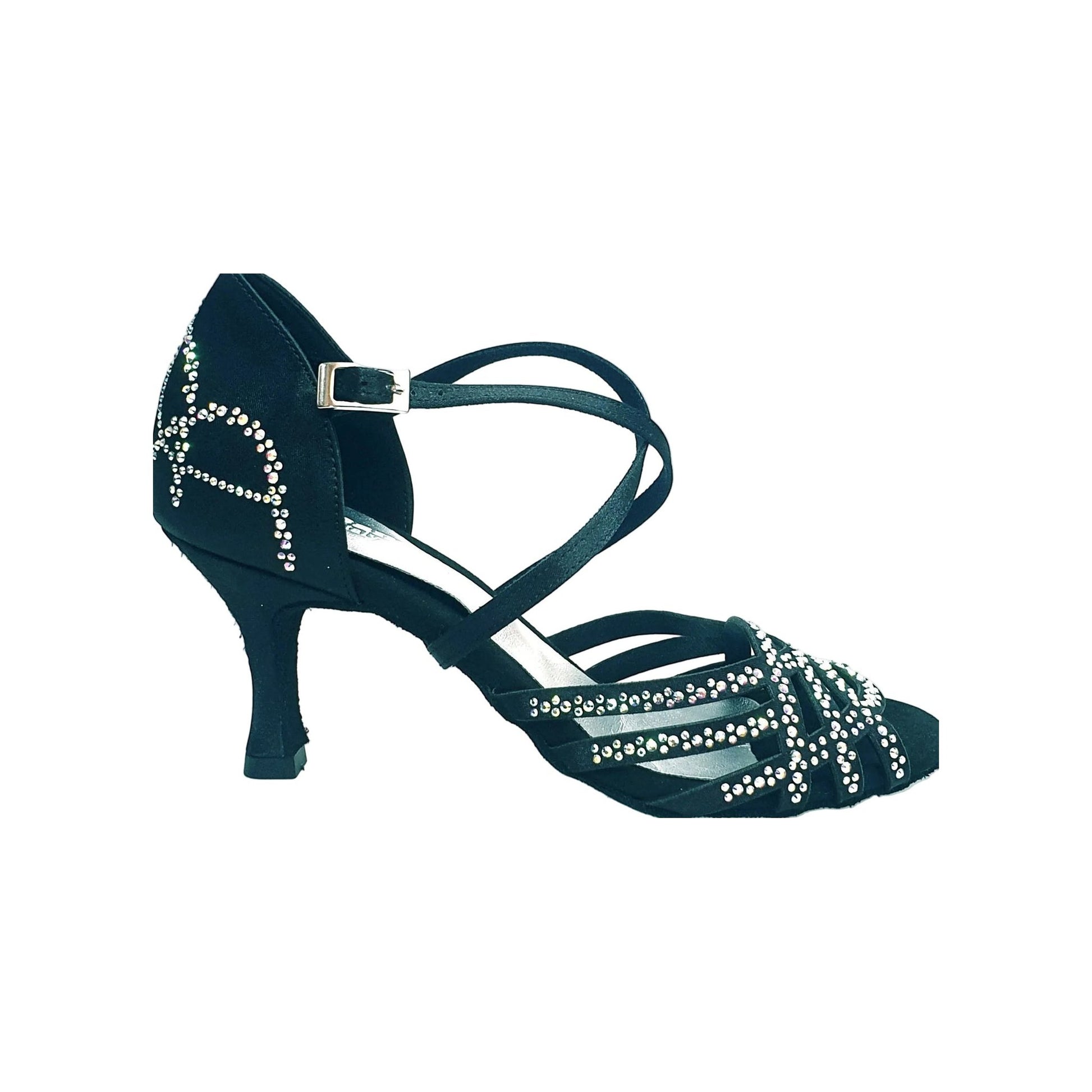 Scarpa da donna Carolin QC Marea L14 in raso seta nero corvino con Swarovski Boreali e tacco a rocchetto slim basso