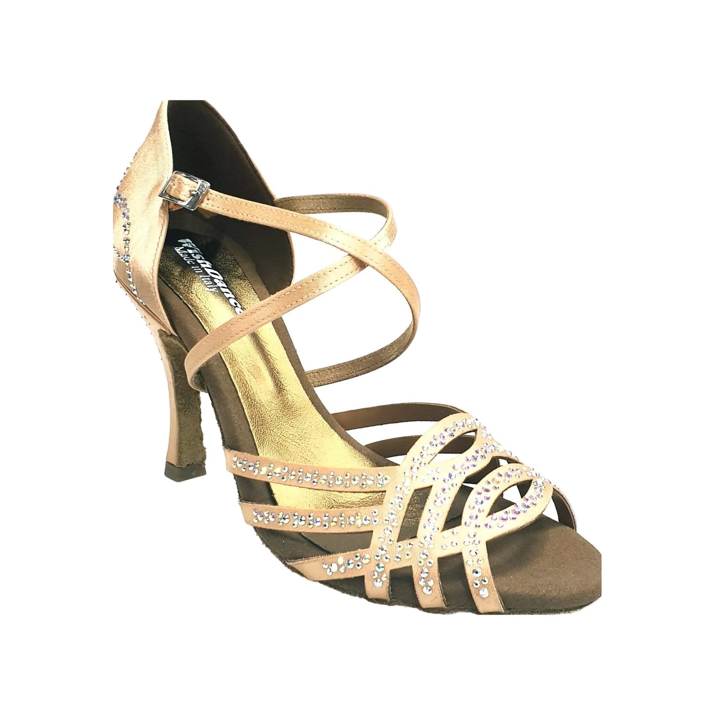 Scarpa da donna Carolin QC Marea L14 in raso seta carne con Swarovski Boreali, tacco a rocchetto e linea Slim Latino alto.