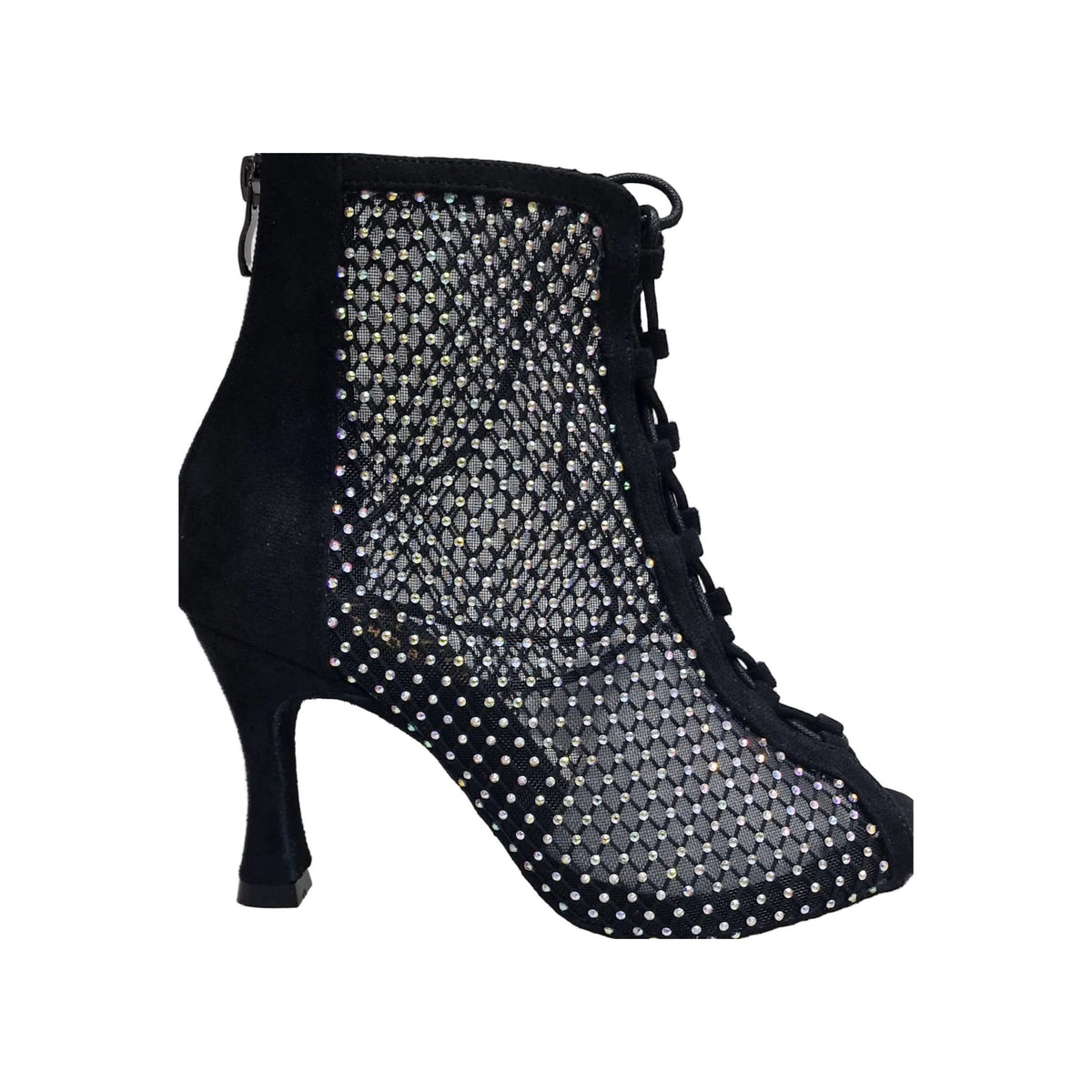 Stivaletto nero CLOE Dreams Black in simil camoscio vegan con zip, rete nera incrociata con strass e tacco a rocchetto.