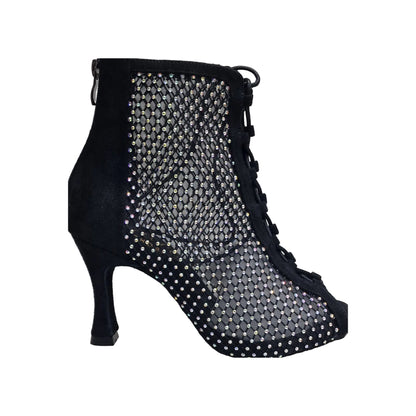Stivaletto nero CLOE Dreams Black in simil camoscio vegan con zip, rete nera incrociata con strass e tacco a rocchetto.