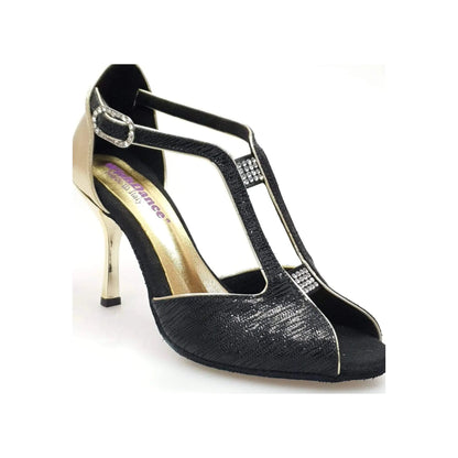 Scarpa da donna Wishdance Fascino (401) in Sofia nero con dettagli lurex oro, suola e cinturino elegante.