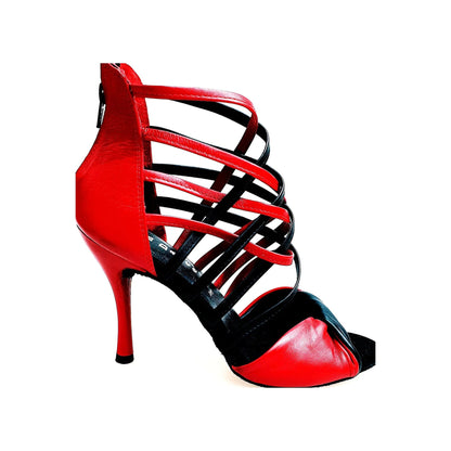 Sandalo donna Natalia (360) Wishdance in pelle rossa e nera, scarpa elegante con cinturino e tacco medio.