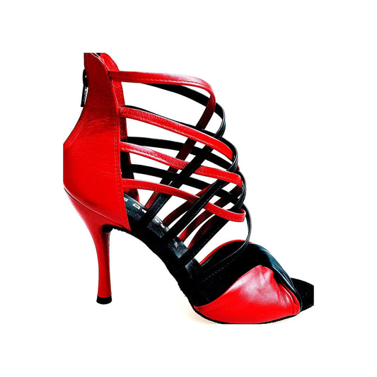 Sandalo donna Natalia (360) Wishdance in pelle rossa e nera, scarpa elegante con cinturino e tacco medio.