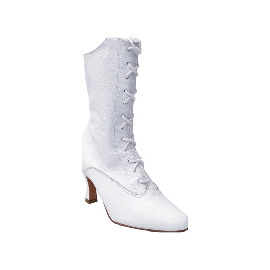 Stivali bassi in pelle bianca D-2 Zip 619 di Wish Dance Shop con stringhe anteriori e apertura zip laterale.
