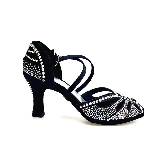 SCARPA DA BALLO DA DONNA IN RASO SETA NERO CON SWAROVSKI BOREALI CINTURINO INCROCIATO SUL COLLOPIEDE, vista laterale
