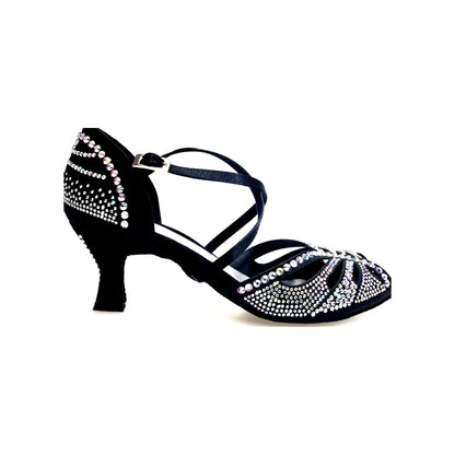 SCARPA DA BALLO DA DONNA IN RASO SETA NERO CON SWAROVSKI BOREALI CINTURINO INCROCIATO SUL COLLOPIEDE TACCO, vista laterale