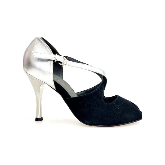 Scarpe DANY Black F.3407 Wish Dance con tacco a rocchetto, camoscio nero e dettagli in pelle argento laminato.