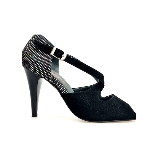 Scarpe donna Wish Dance DANY Black F.3407 con tacco a spillo, camoscio nero e dettagli multicolor sul tallone in tessuto.