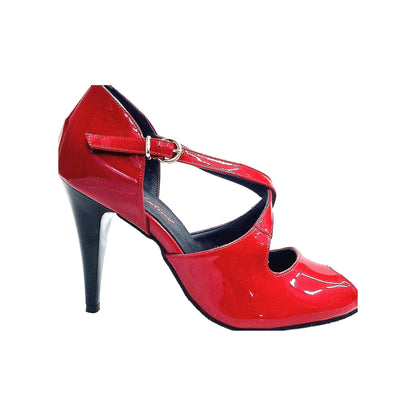 Scarpa donna in pelle di vernice rossa con tacco a spillo largo smaltato nero, modello DANY Red di Wish Dance Shop.