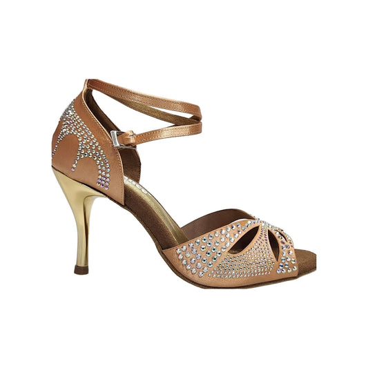 Scarpa da ballo in raso seta carne con Swarovski Boreali e tacco a spillo laminato oro, modello Deluxe Butterfly (L2).