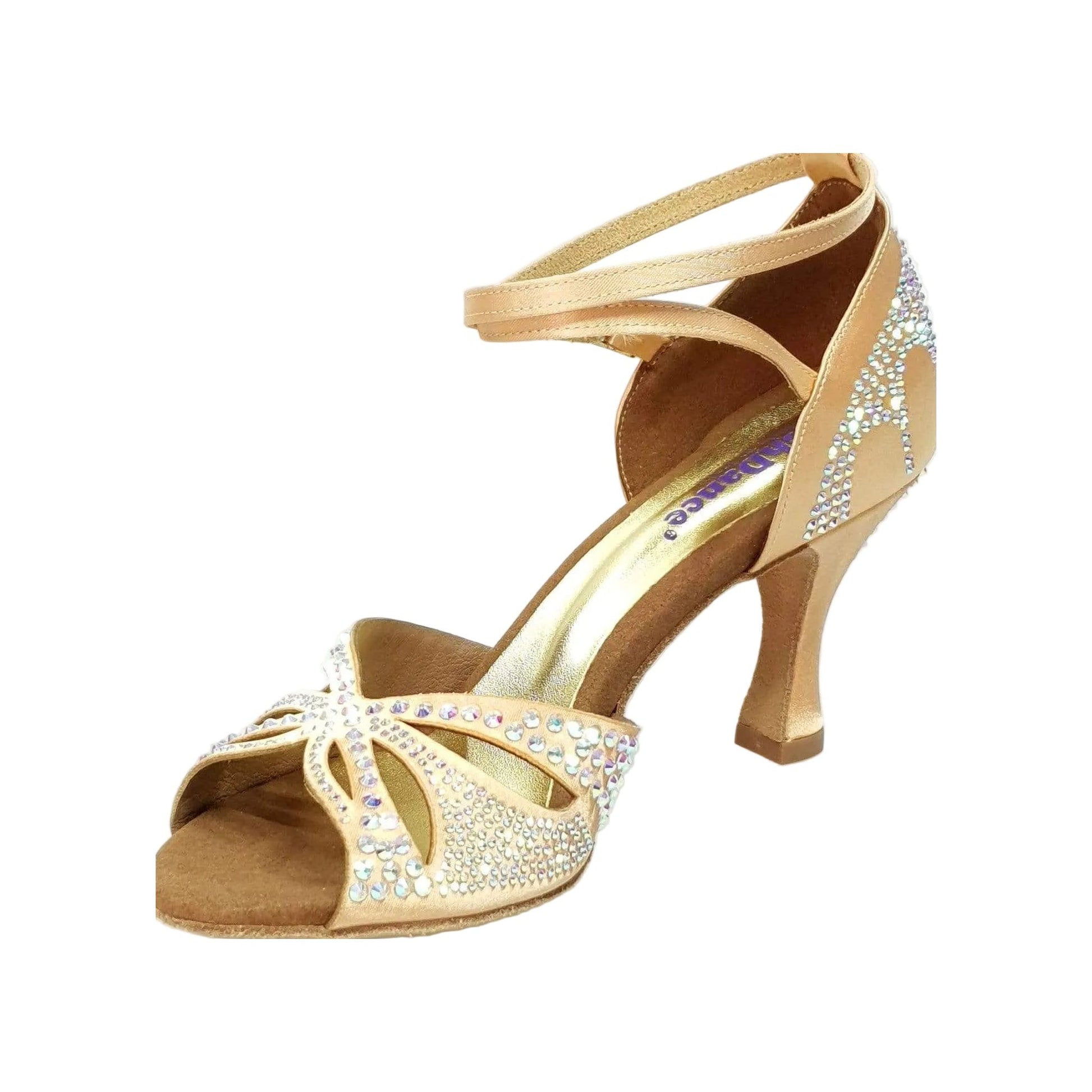 Scarpa da ballo in raso seta carne con Swarovski e tacco a rocchetto, stile Deluxe Butterfly di Wish Dance Shop.