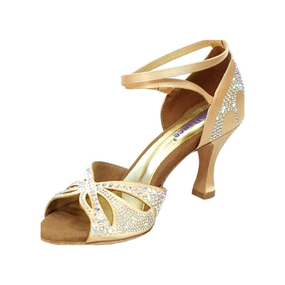 Scarpa da ballo in raso seta carne con Swarovski e tacco a rocchetto, stile Deluxe Butterfly di Wish Dance Shop.