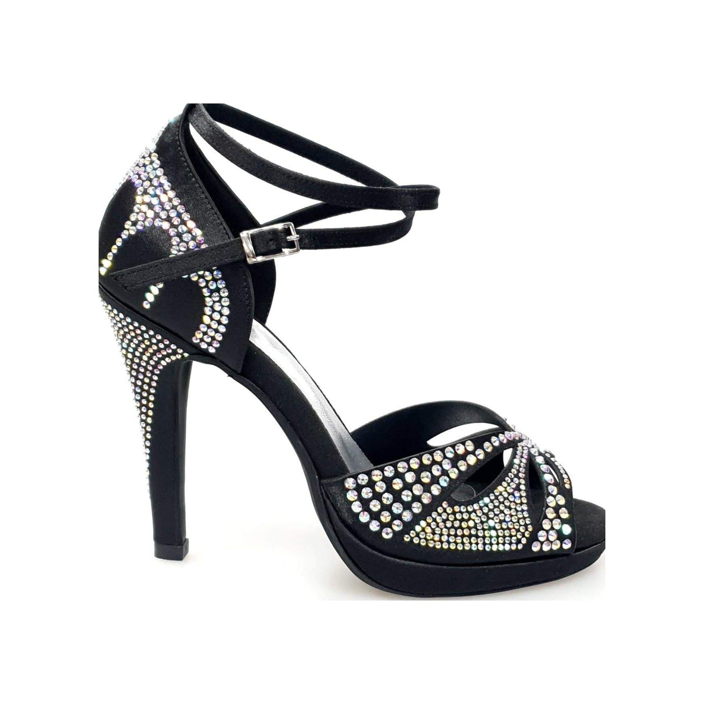 Scarpa da ballo Deluxe Plus Wish Dance Shop in raso seta nera con Swarovski, tacco alto a spillo largo e plateau flessibile