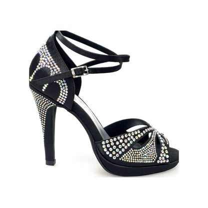Scarpa da ballo Deluxe Plus Wish Dance Shop in raso seta nera con Swarovski, tacco alto a spillo largo e plateau flessibile