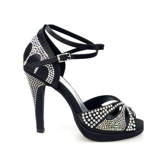 Scarpa da ballo Deluxe Plus Wish Dance Shop in raso seta nera con Swarovski, tacco alto a spillo largo e plateau flessibile