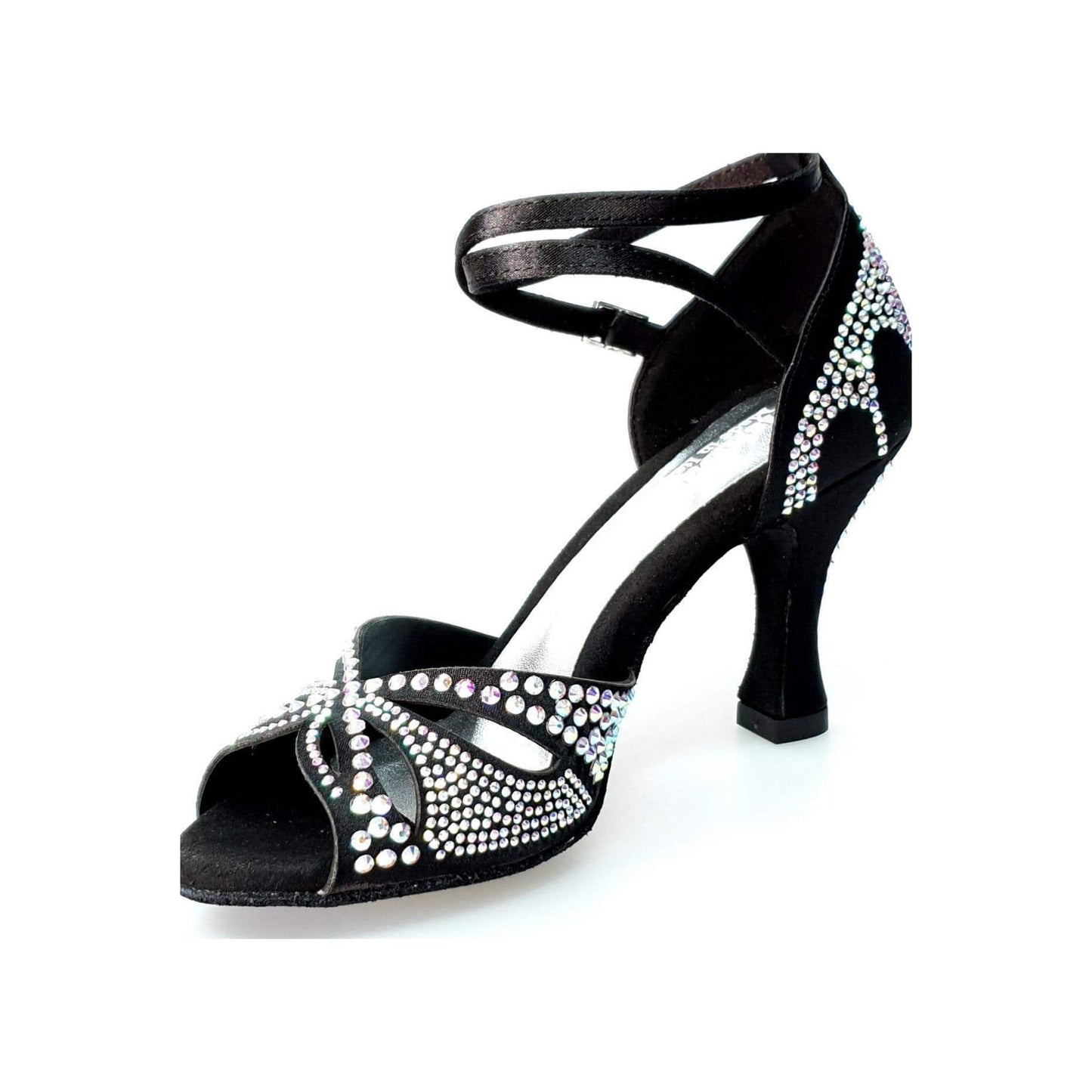 Scarpa da ballo in raso seta nera Wish Dance Shop con Swarovski e tacco a rocchetto, elegante e raffinata.